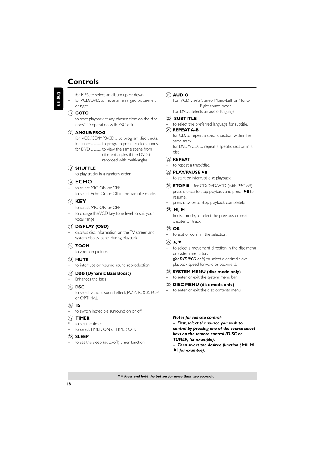 Philips MCD510/21 manual $ DBB Dynamic Bass Boost, § Ok, System Menu disc mode only, Disc Menu disc mode only 