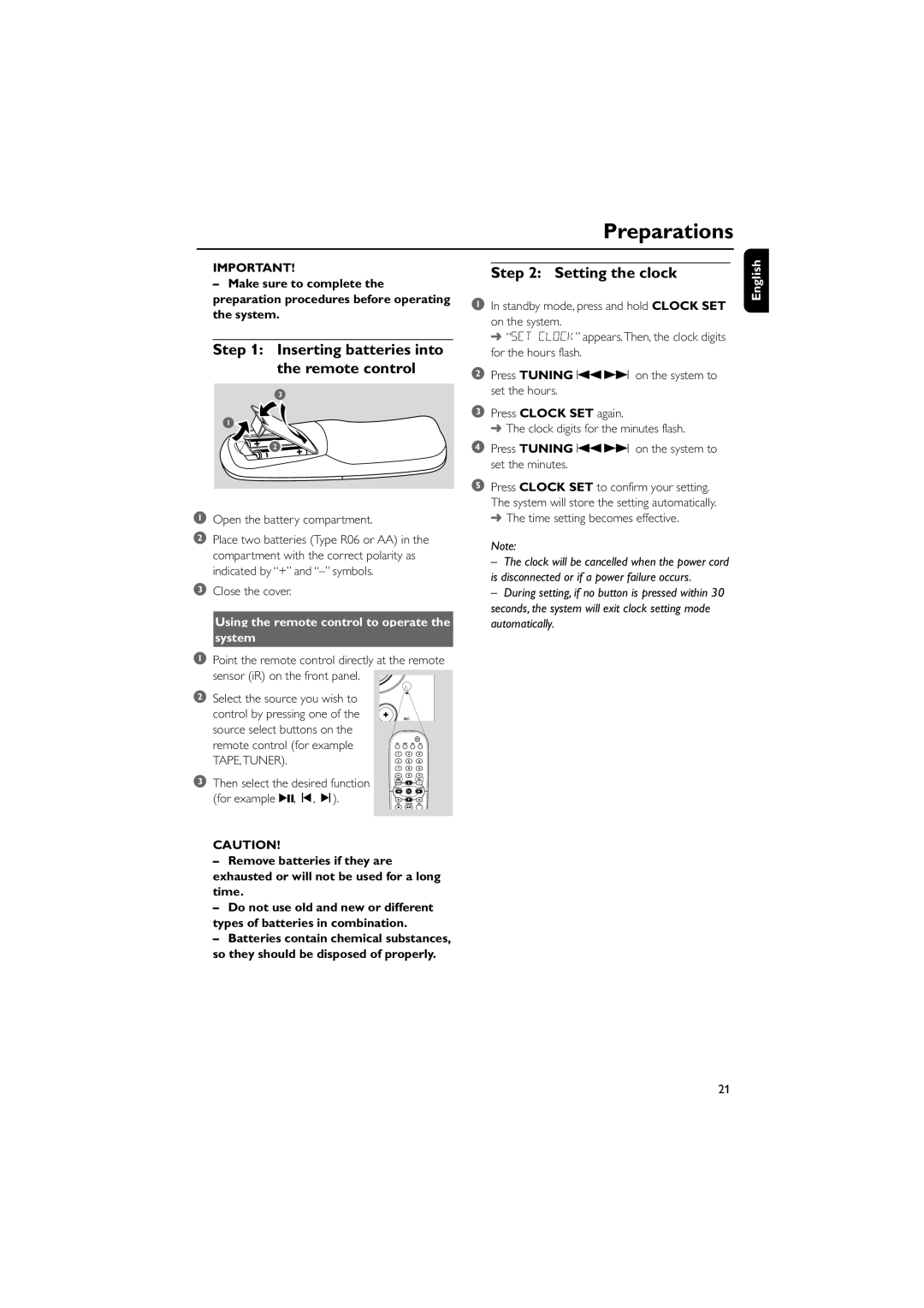 Philips MCD510/21 manual Preparations, Inserting batteries into the remote control, Setting the clock 