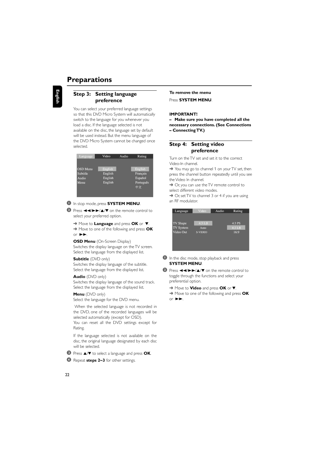 Philips MCD510/21 manual Setting language preference, Setting video preference, To remove the menu Press System Menu 