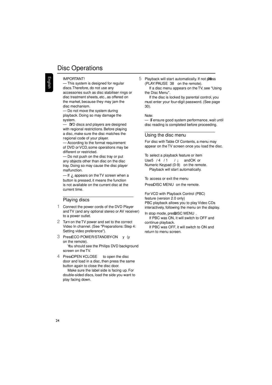 Philips MCD510/21 manual Disc Operations, Playing discs, Using the disc menu 