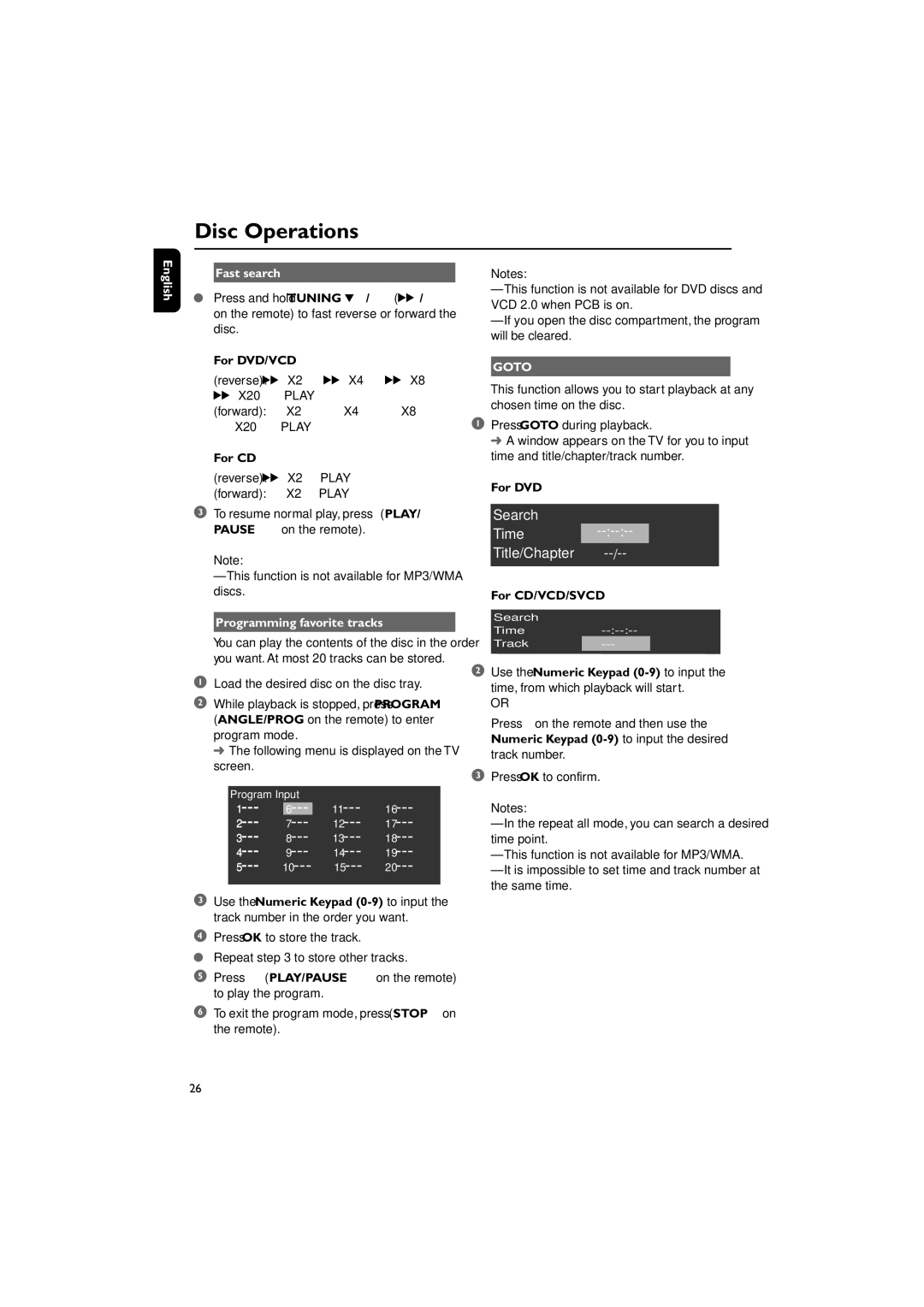 Philips MCD510/21 manual English Fast search, Programming favorite tracks, For CD/VCD/SVCD 