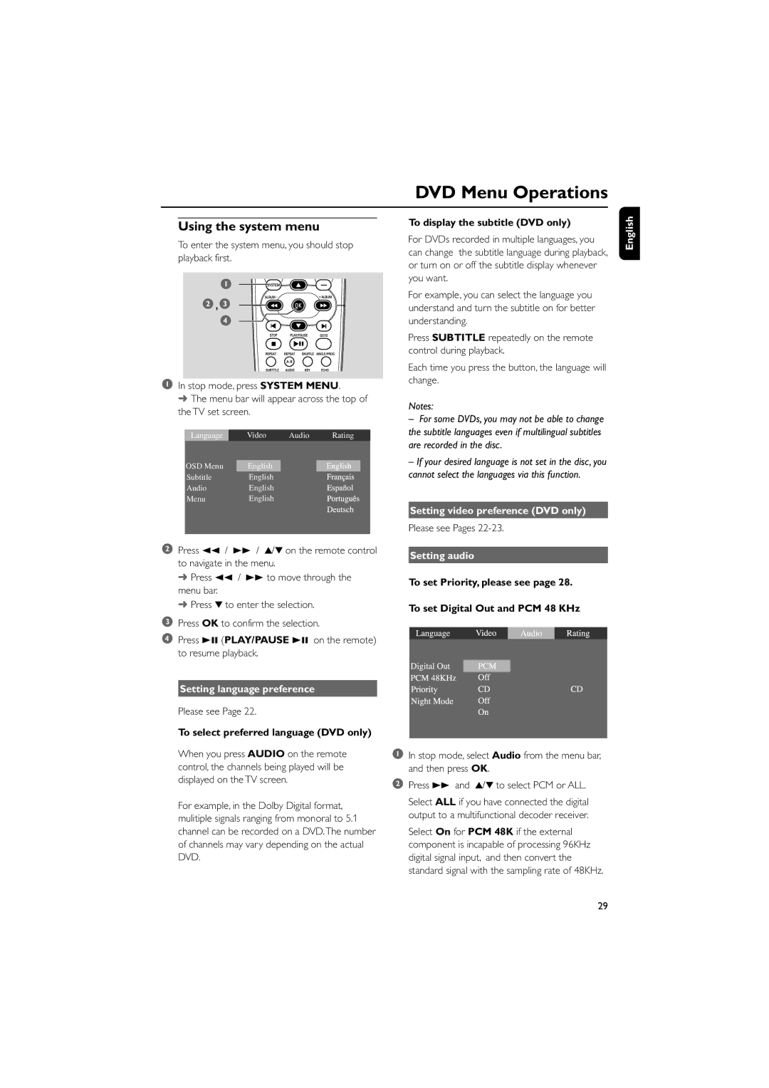 Philips MCD510/21 manual DVD Menu Operations, Using the system menu, Setting language preference, Setting audio 