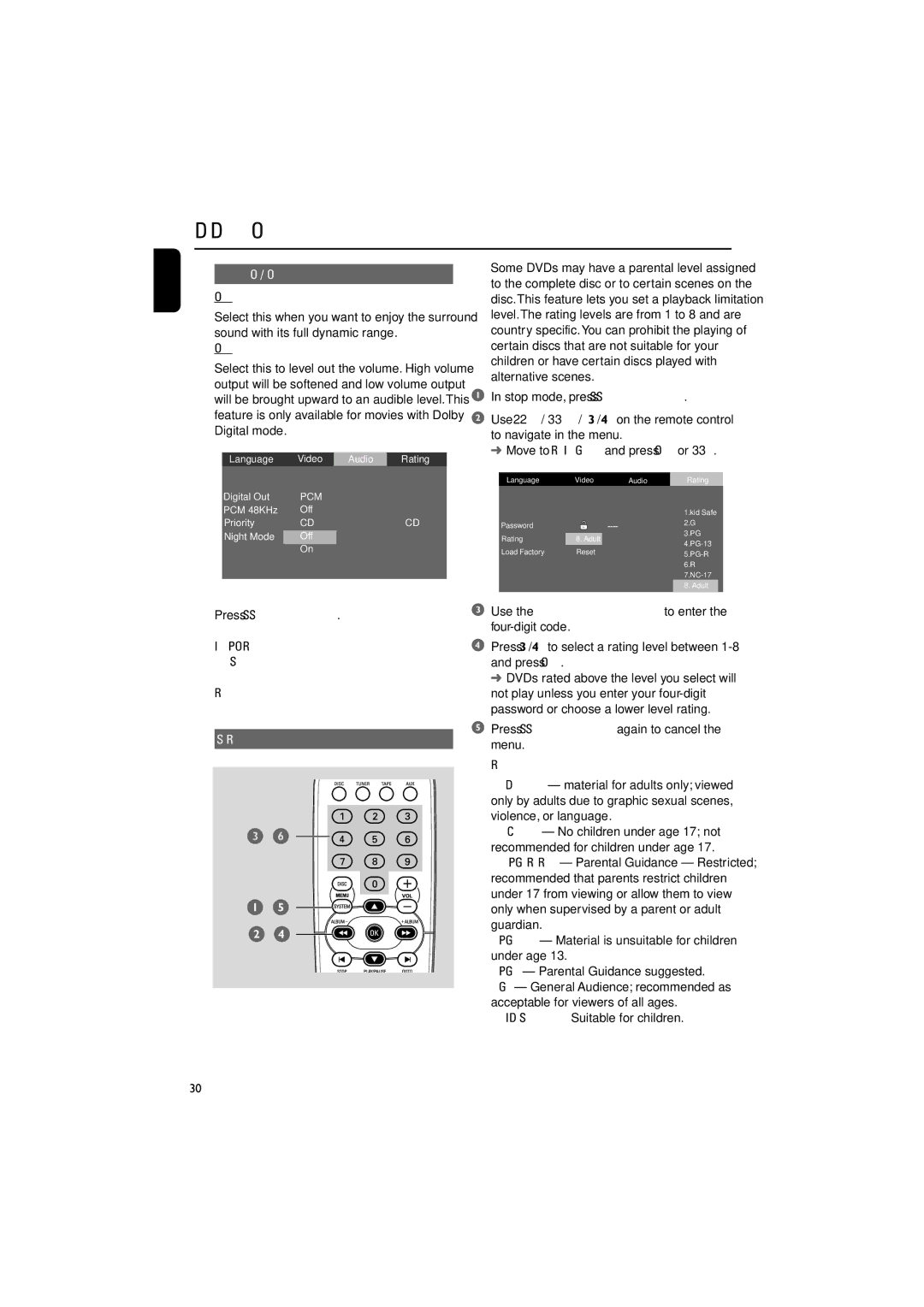 Philips MCD510/21 manual English Night Mode turning On / Off, Setting Rating, Rating explanations 