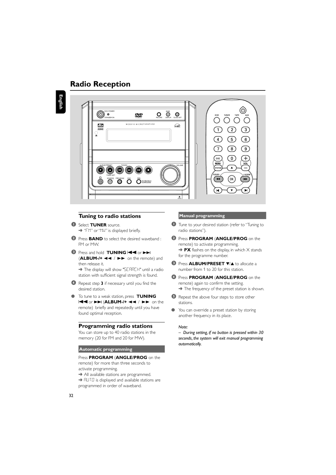 Philips MCD510/21 manual Radio Reception, Tuning to radio stations, Programming radio stations, Automatic programming 