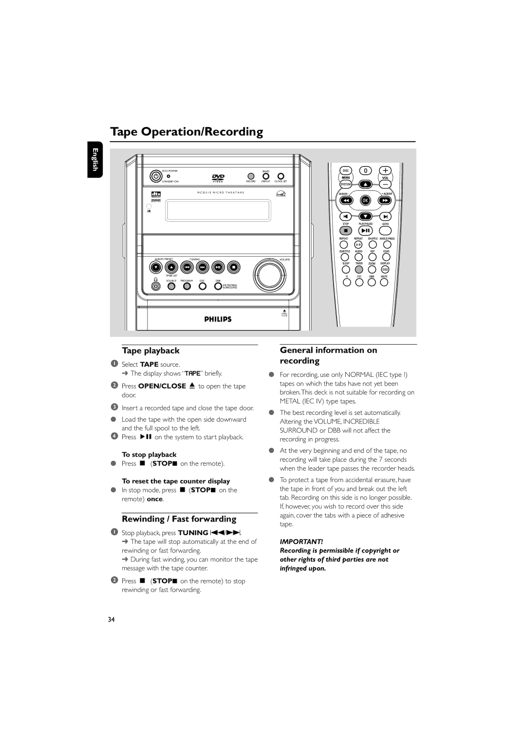 Philips MCD510/21 Tape Operation/Recording, Tape playback, Rewinding / Fast forwarding, General information on recording 