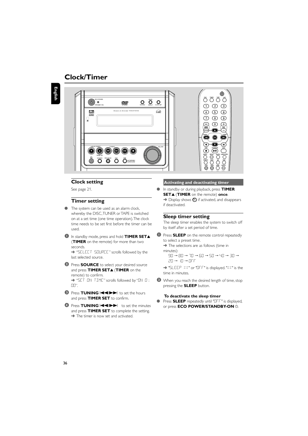 Philips MCD510/21 manual Clock/Timer, Clock setting, Timer setting, Sleep timer setting, Activating and deactivating timer 