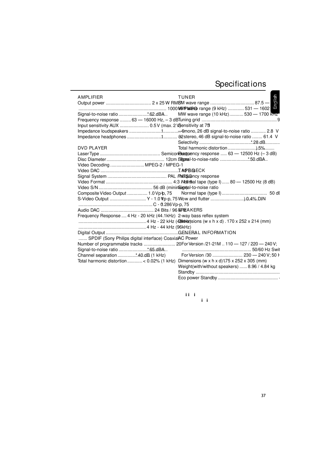 Philips MCD510/21 manual Specifications 