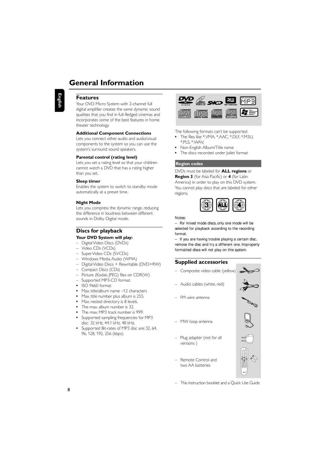 Philips MCD510/21 manual General Information, Features, Discs for playback, Supplied accessories, Region codes 