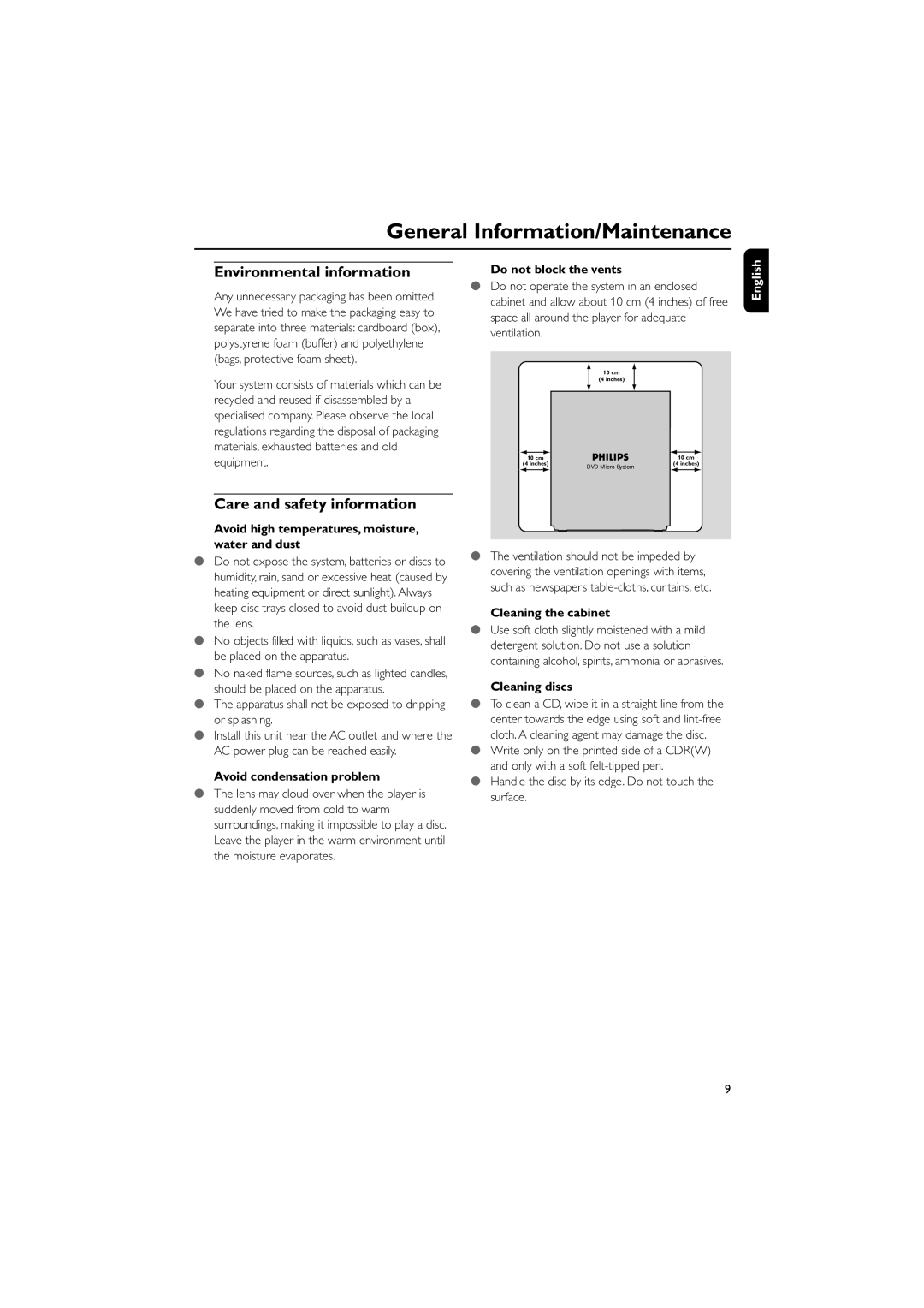 Philips MCD510/21 manual General Information/Maintenance, Environmental information, Care and safety information 