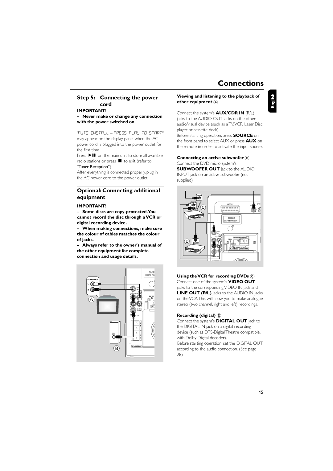 Philips MCD510/25 Connecting the power cord, Optional Connecting additional equipment, Connecting an active subwoofer B 