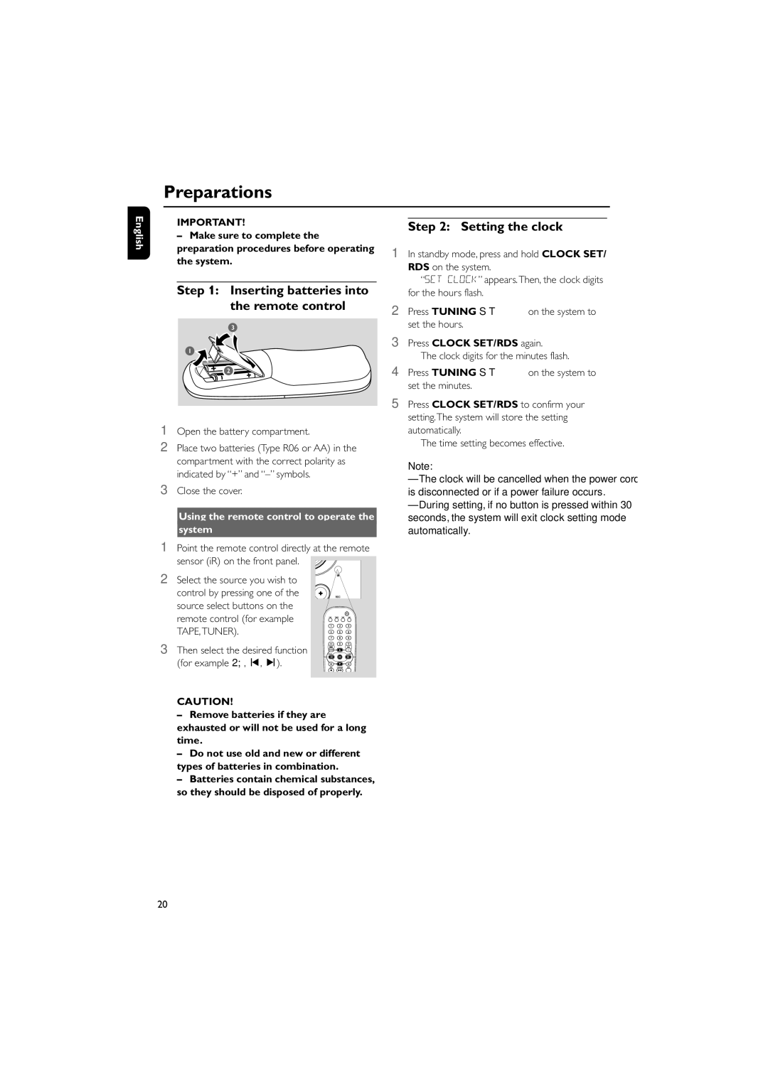 Philips MCD510/25 Preparations, Inserting batteries into the remote control, Setting the clock, Press Clock SET/RDS again 