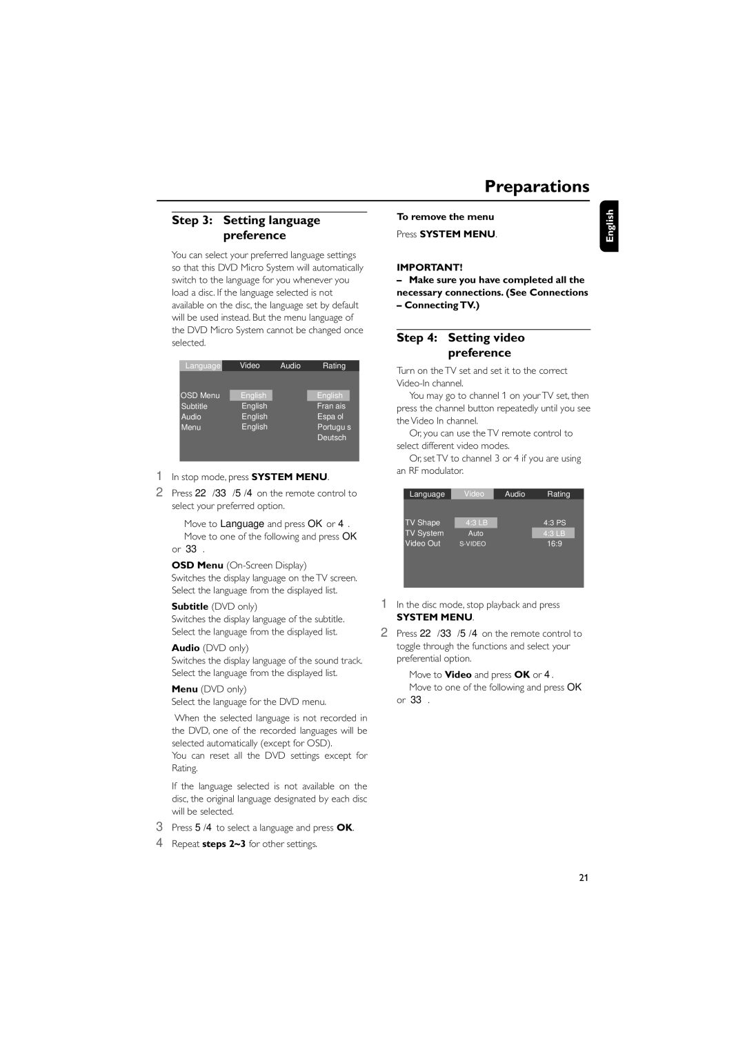 Philips MCD510/25 user manual Setting language preference, Setting video preference, To remove the menu Press System Menu 