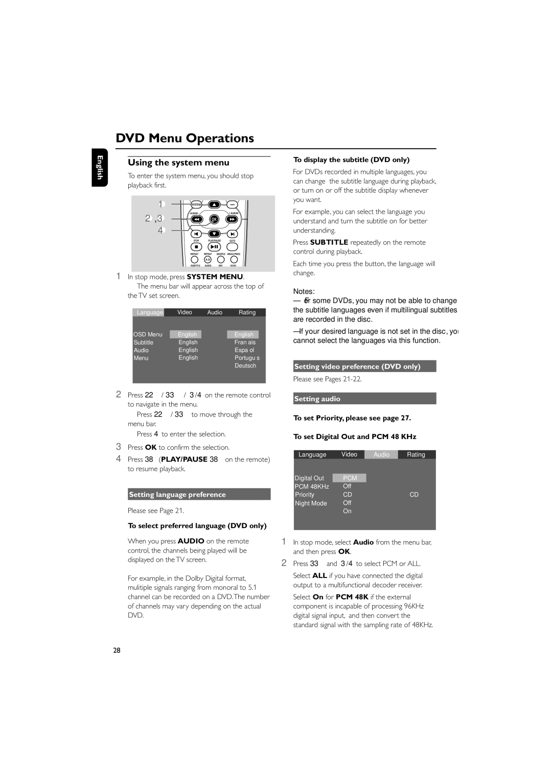 Philips MCD510/25 user manual DVD Menu Operations, Using the system menu, Setting language preference, Setting audio 