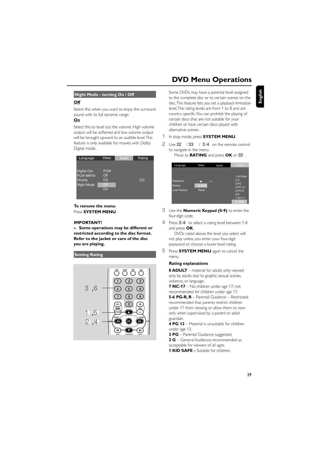 Philips MCD510/25 Night Mode turning On / Off, Setting Rating, Use the Numeric Keypad 0-9 to enter the four-digit code 