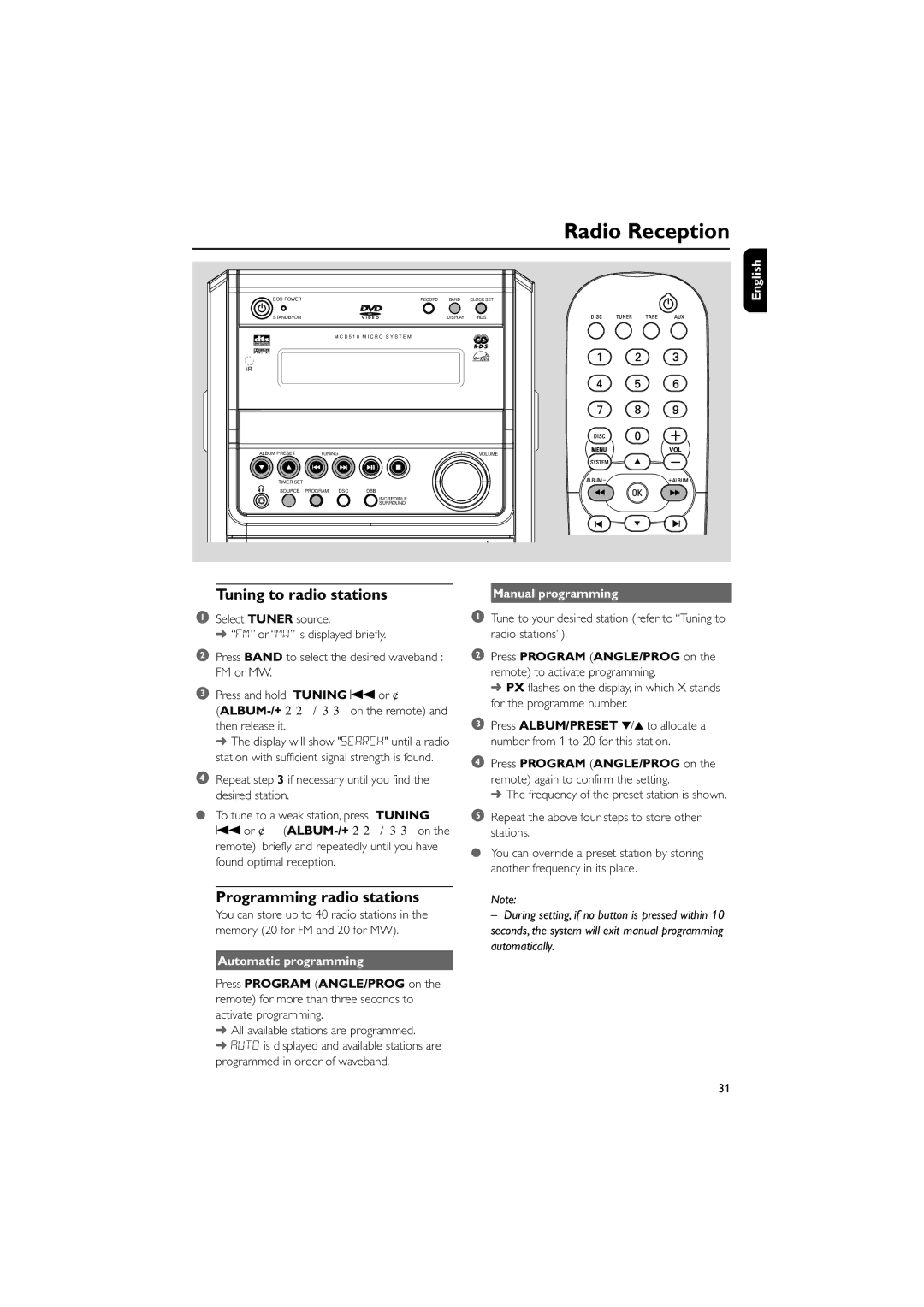 Philips MCD510/25 user manual Radio Reception, Tuning to radio stations, Programming radio stations, Automatic programming 