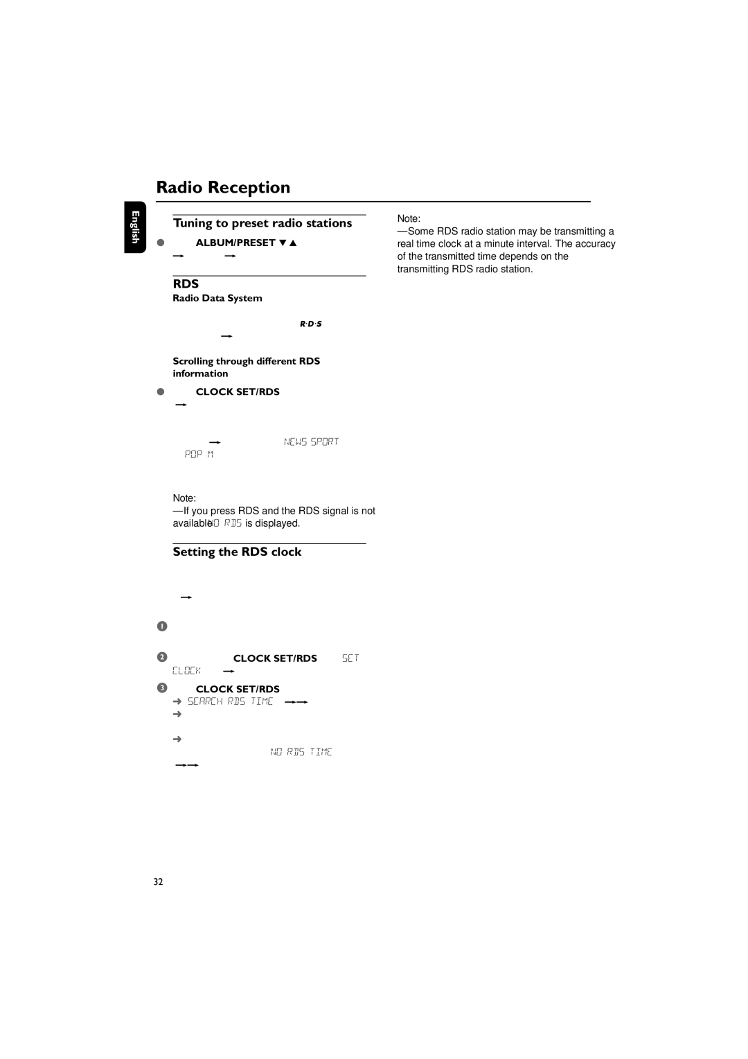 Philips MCD510/25 user manual Setting the RDS clock, Scrolling through different RDS information 