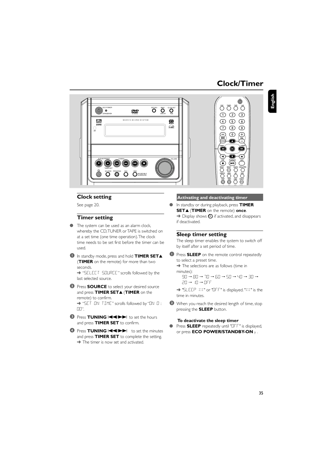 Philips MCD510/25 Clock/Timer, Clock setting, Timer setting, Sleep timer setting, Activating and deactivating timer 