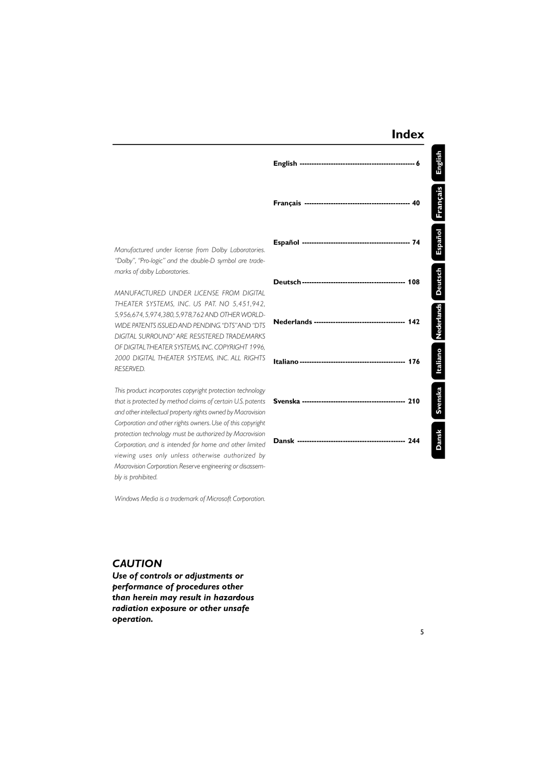 Philips MCD510/25 user manual Index, English, 176, Dansk Svenska Italiano Nederlands Deutsch 