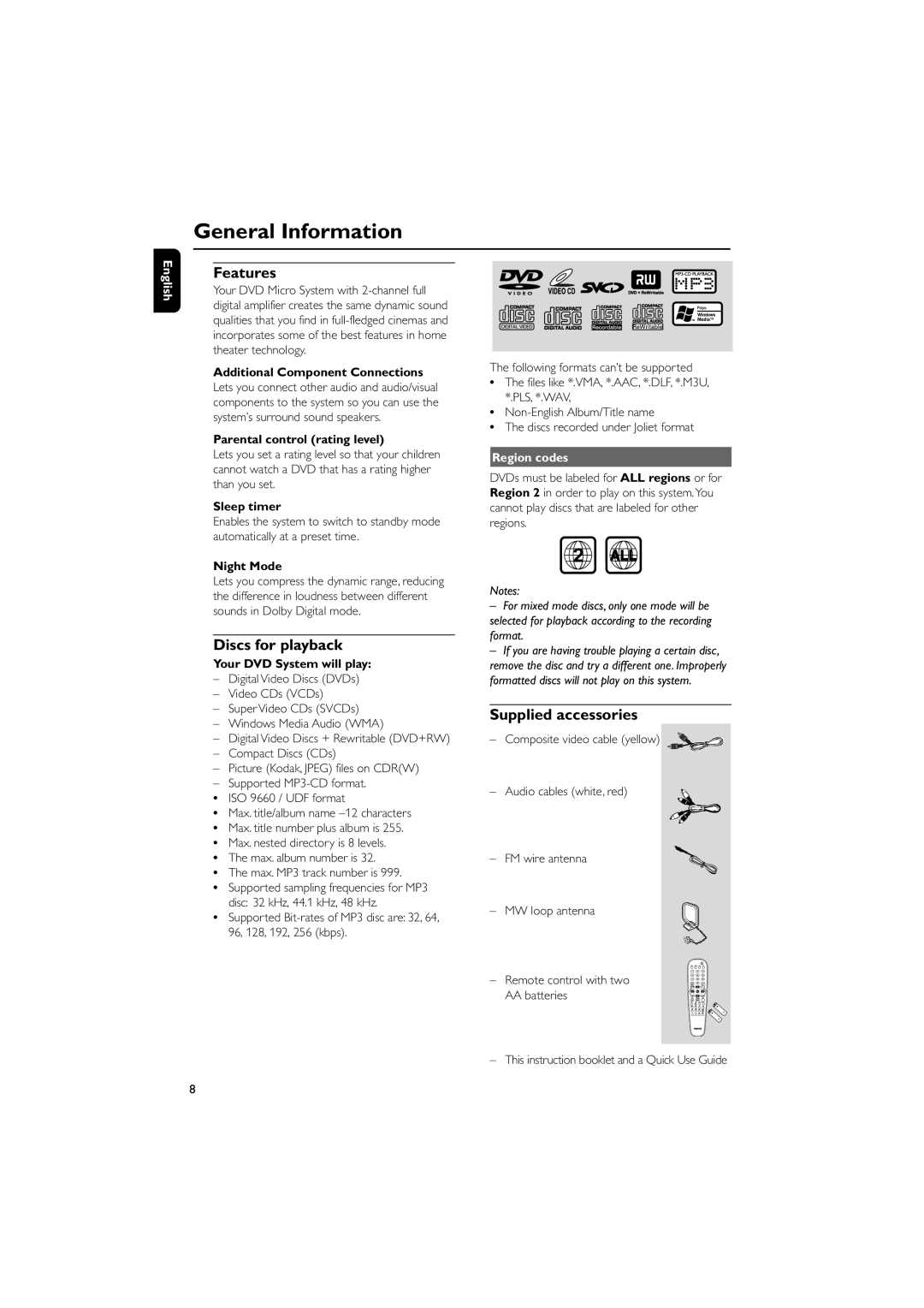 Philips MCD510/25 user manual General Information, Features, Discs for playback, Supplied accessories, Region codes 