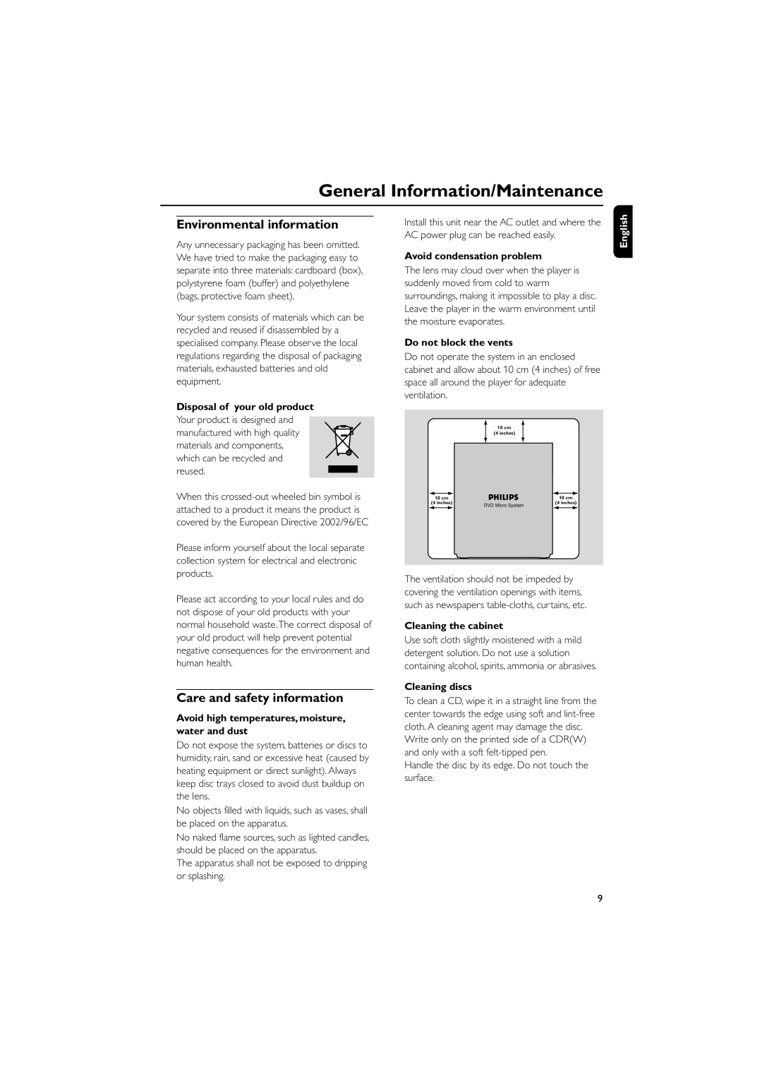 Philips MCD510/25 user manual General Information/Maintenance, Environmental information, Care and safety information 