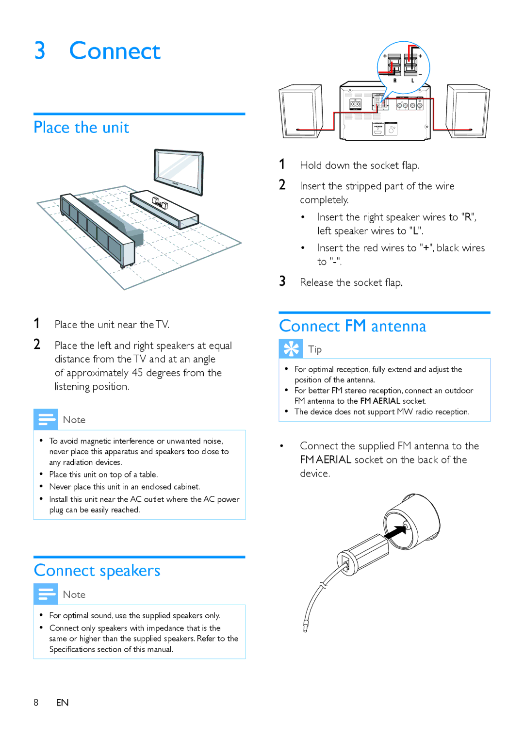 Philips MCD5110 user manual Place the unit, Connect speakers, Connect FM antenna 