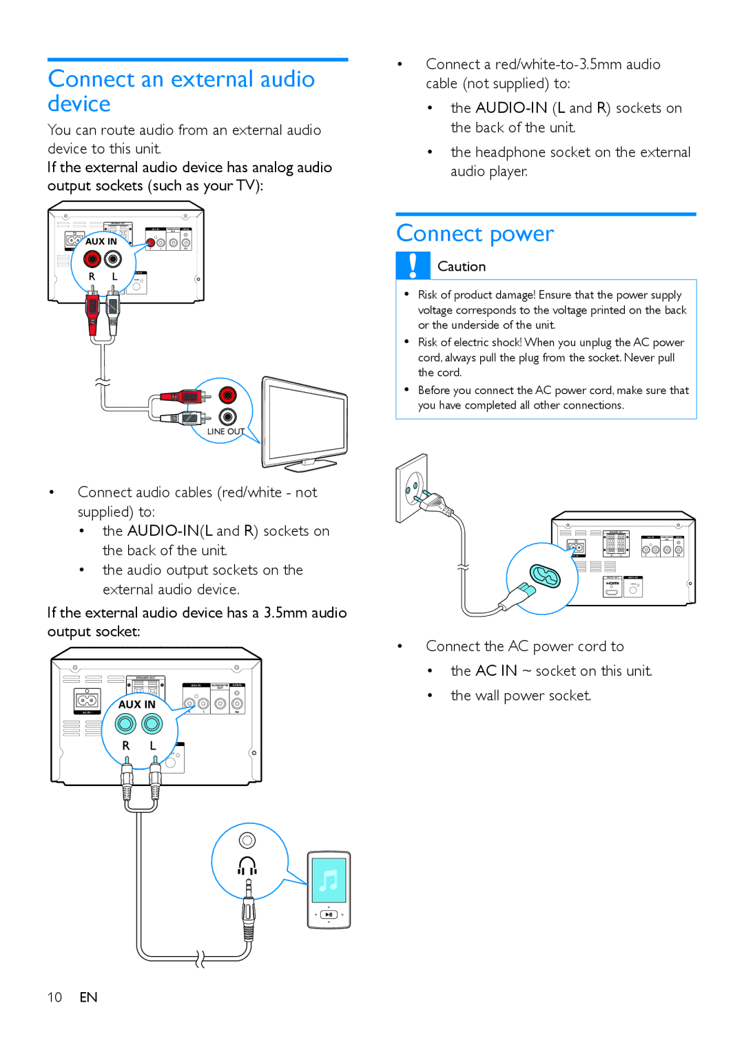 Philips MCD5110 user manual Connect an external audio device, Connect power 