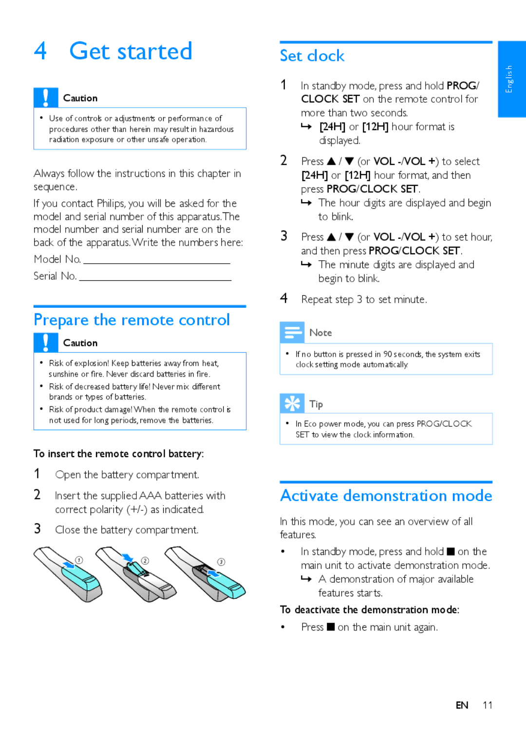 Philips MCD5110 user manual Get started, Prepare the remote control, Set clock, Activate demonstration mode 