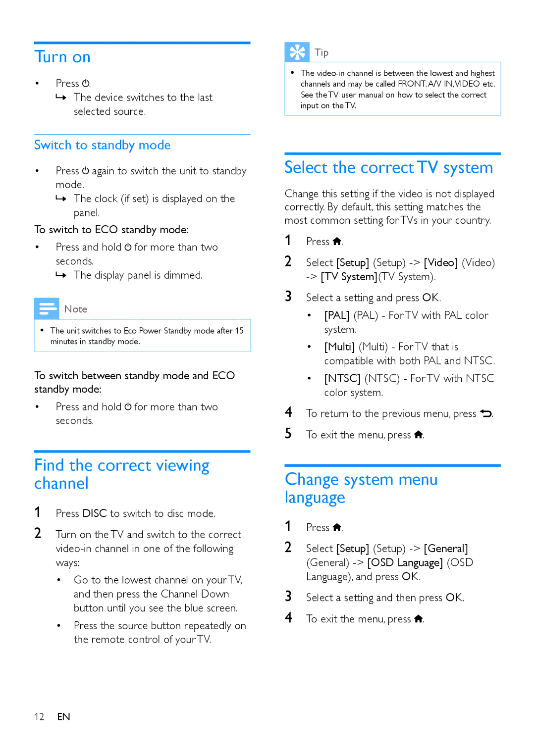 Philips MCD5110 Turn on, Find the correct viewing channel, Select the correct TV system, Change system menu language 