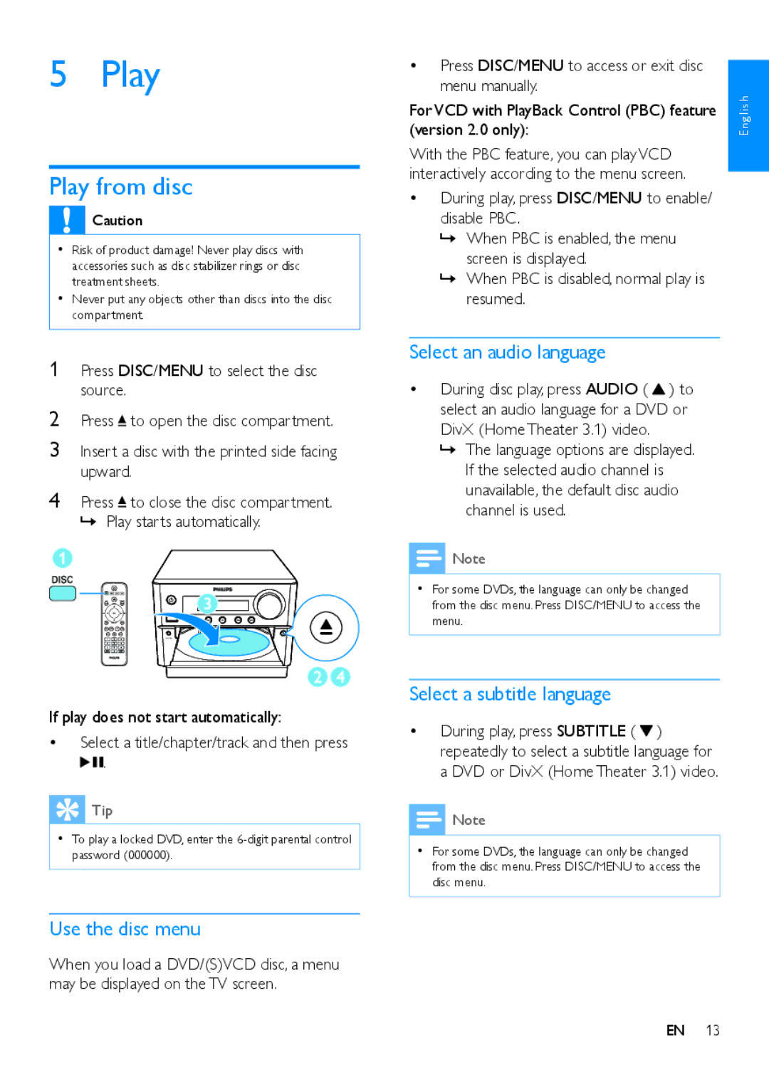 Philips MCD5110 user manual Play from disc, Select an audio language, Use the disc menu, Select a subtitle language 