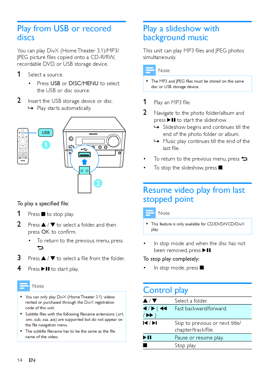 Philips MCD5110 user manual Play from USB or recored discs, Resume video play from last stopped point, Control play 