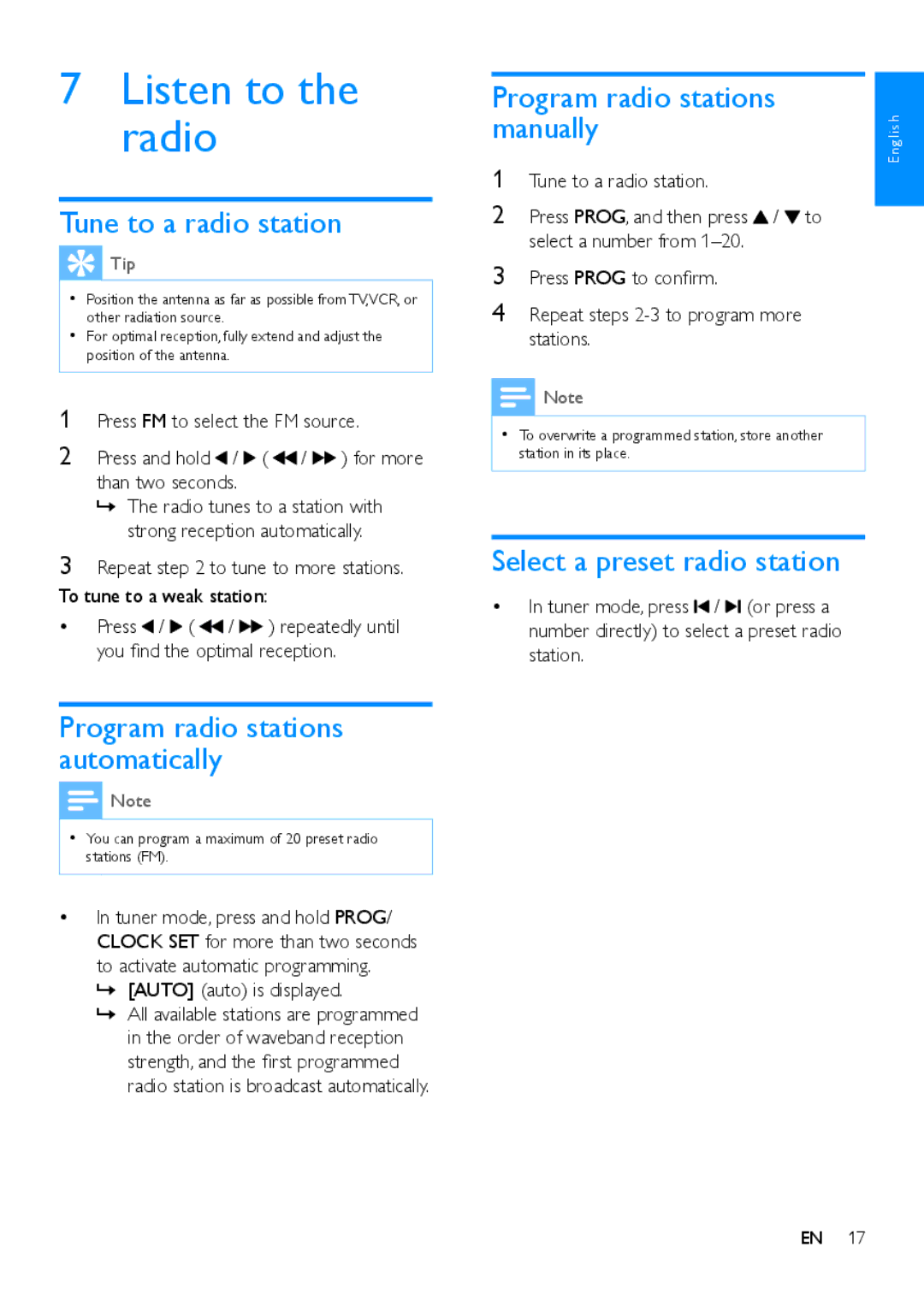 Philips MCD5110 user manual Listen to the radio, Tune to a radio station, Program radio stations automatically 