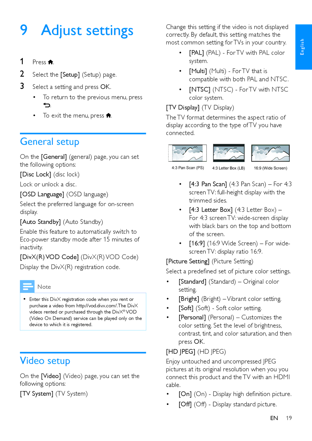 Philips MCD5110 user manual Adjust settings, General setup, Video setup, Connected, HD Jpeg HD Jpeg 