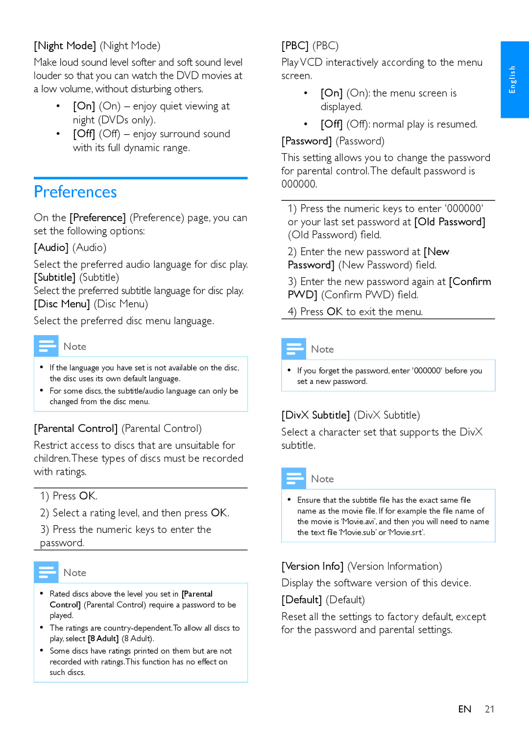 Philips MCD5110 user manual Preferences, Pbc Pbc 