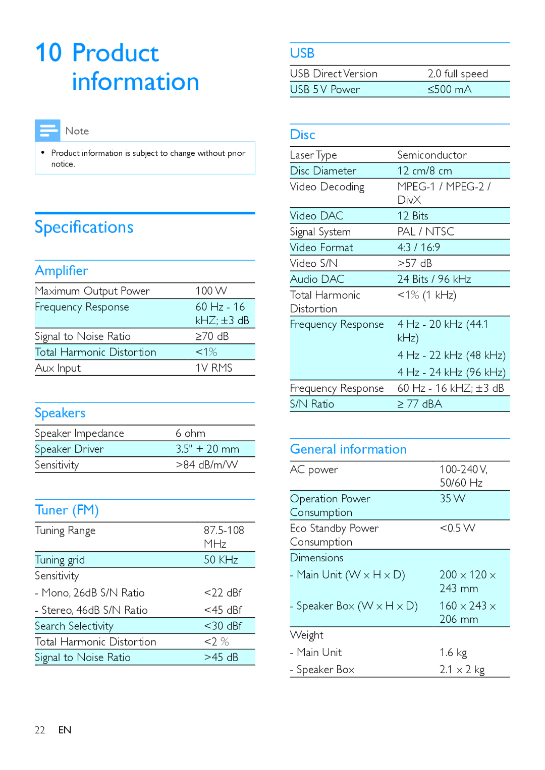 Philips MCD5110 user manual Product information, Specifications 