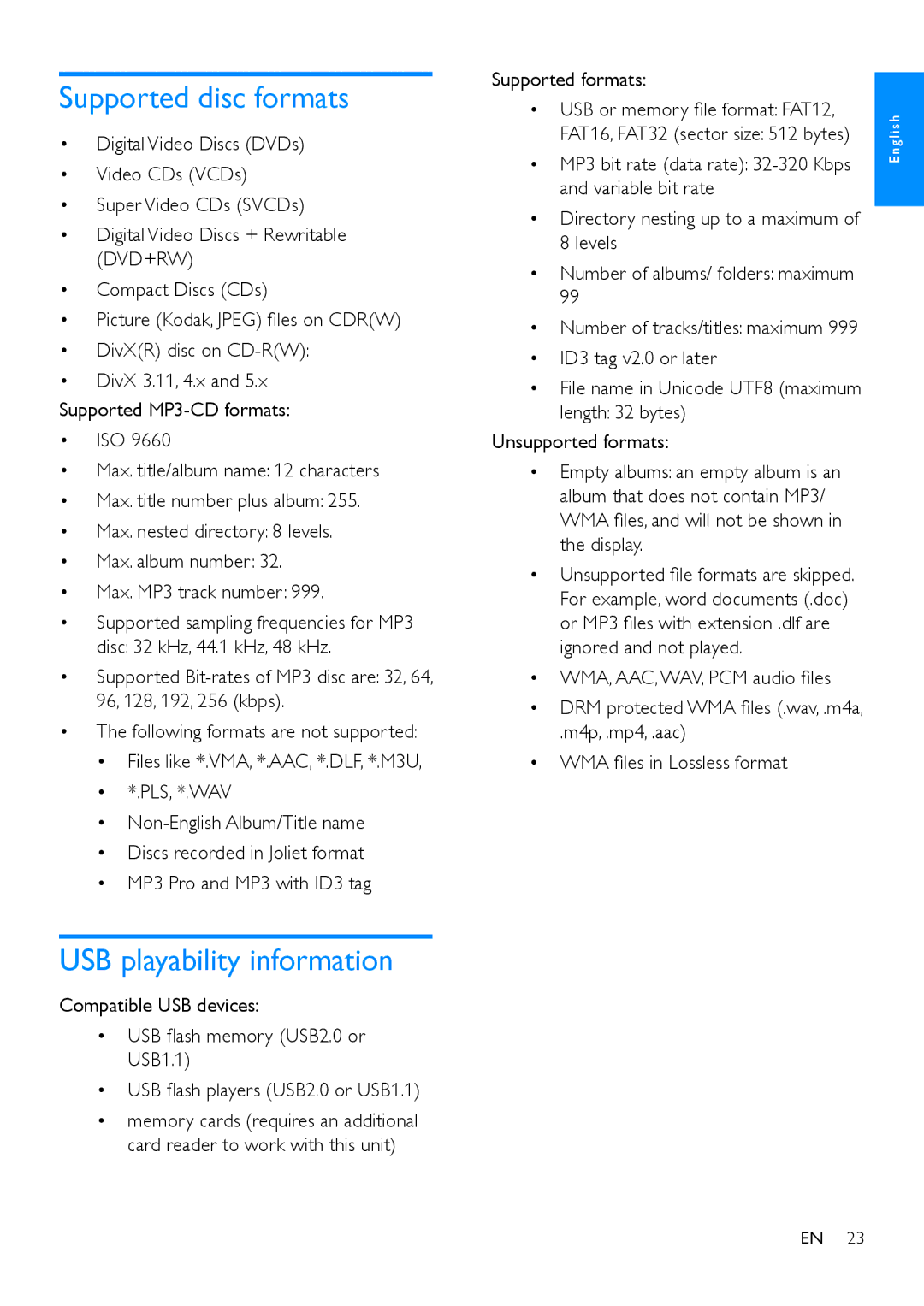 Philips MCD5110 user manual Supported disc formats, USB playability information 