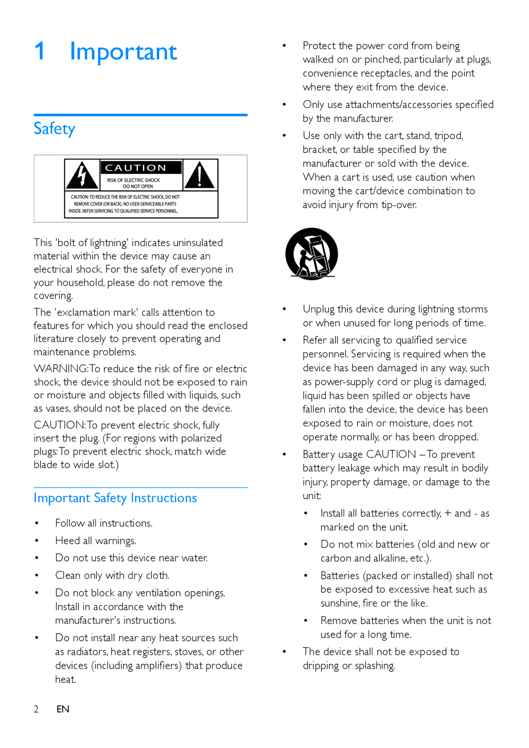 Philips MCD5110 user manual Important Safety Instructions, Remove batteries when the unit is not used for a long time 