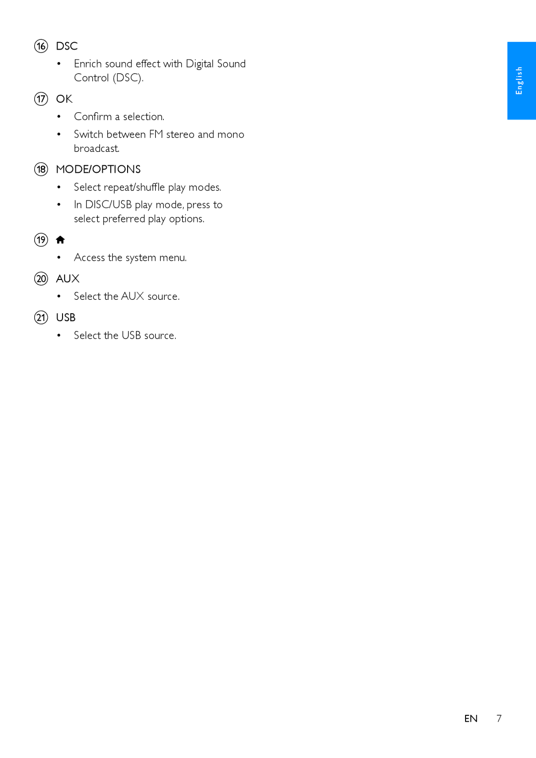 Philips MCD5110 user manual Dsc, Mode/Options, Aux, Usb 