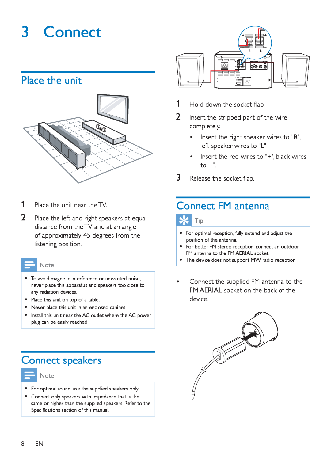 Philips MCD5110 user manual Place the unit, Connect speakers, Connect FM antenna 