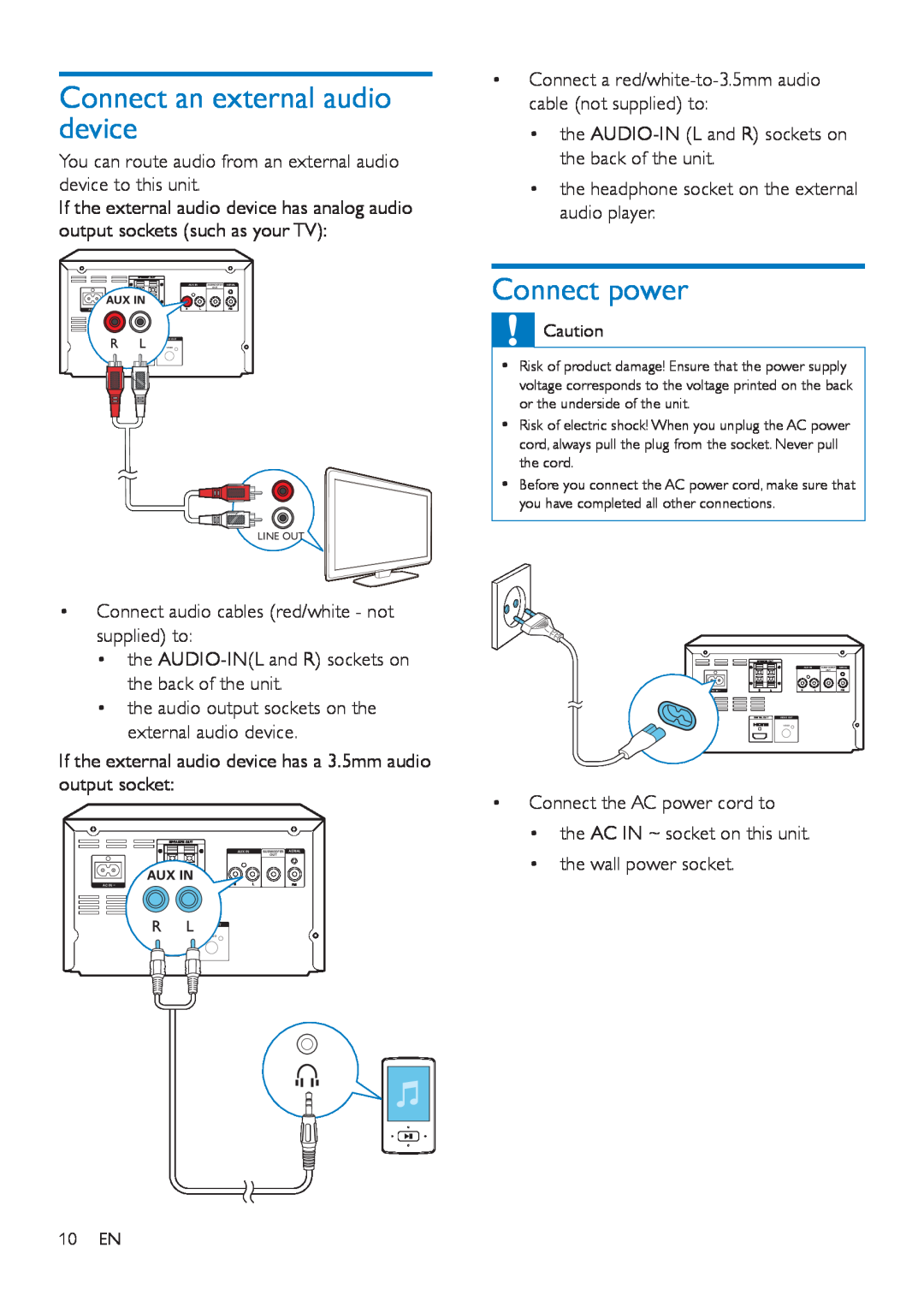 Philips MCD5110 user manual Connect an external audio device, Connect power 