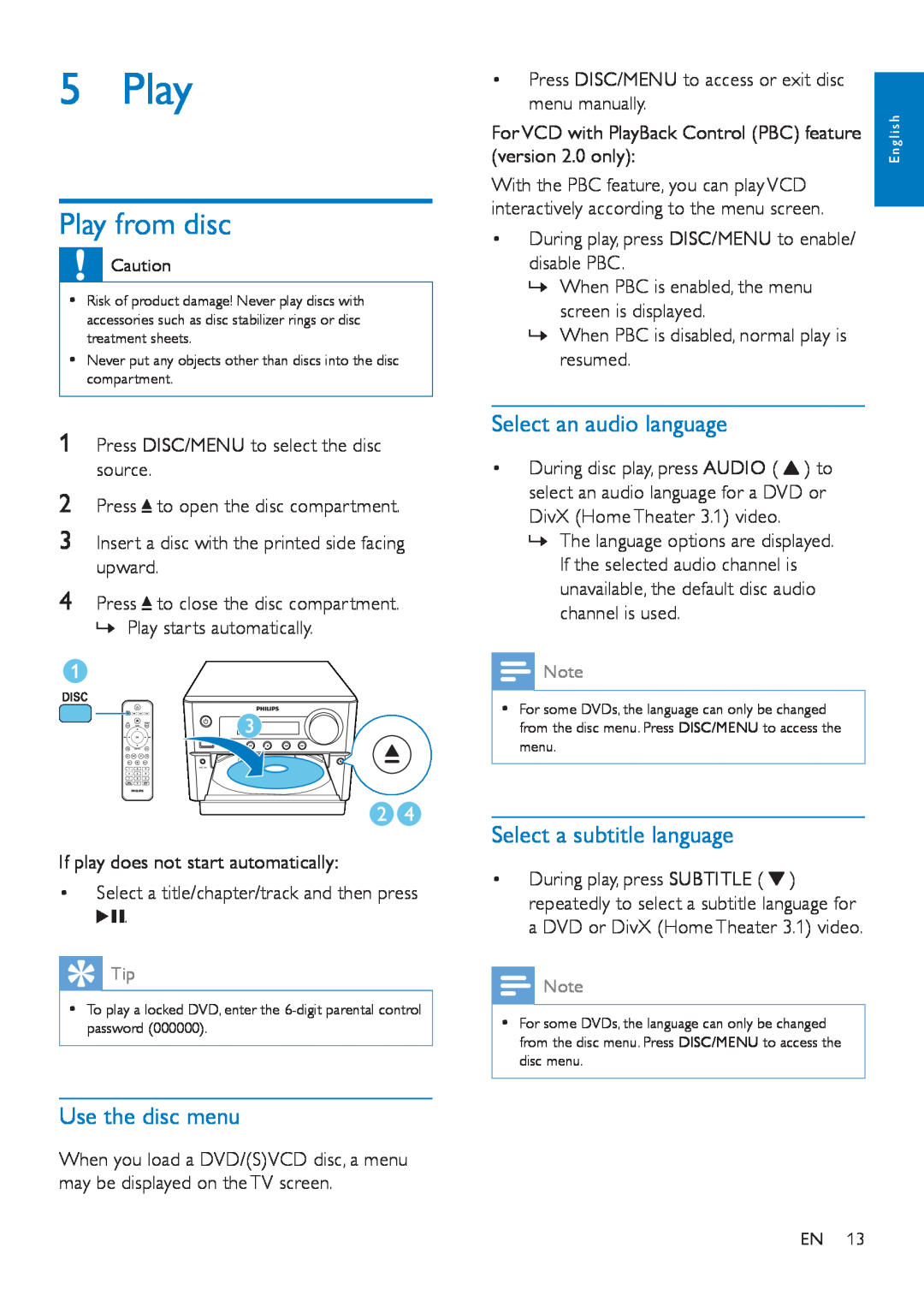 Philips MCD5110 user manual Play from disc, Select an audio language, Use the disc menu, Select a subtitle language 