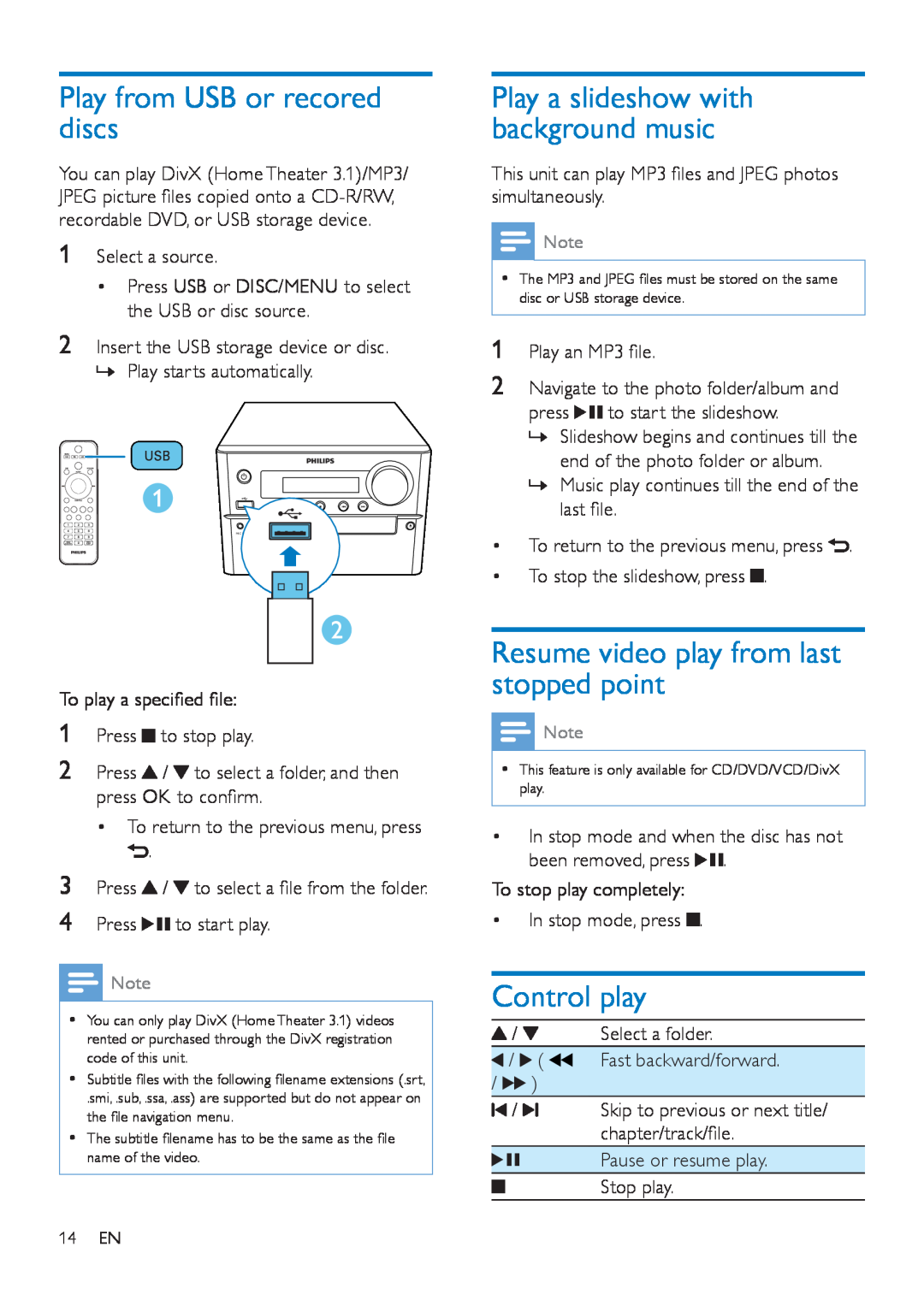 Philips MCD5110 user manual Play from USB or recored discs, Resume video play from last stopped point, Control play 
