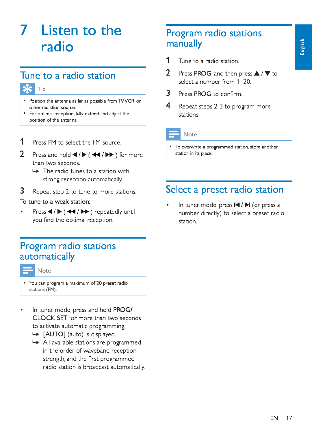 Philips MCD5110 user manual 7Listen to the radio, Tune to a radio station, Program radio stations automatically 