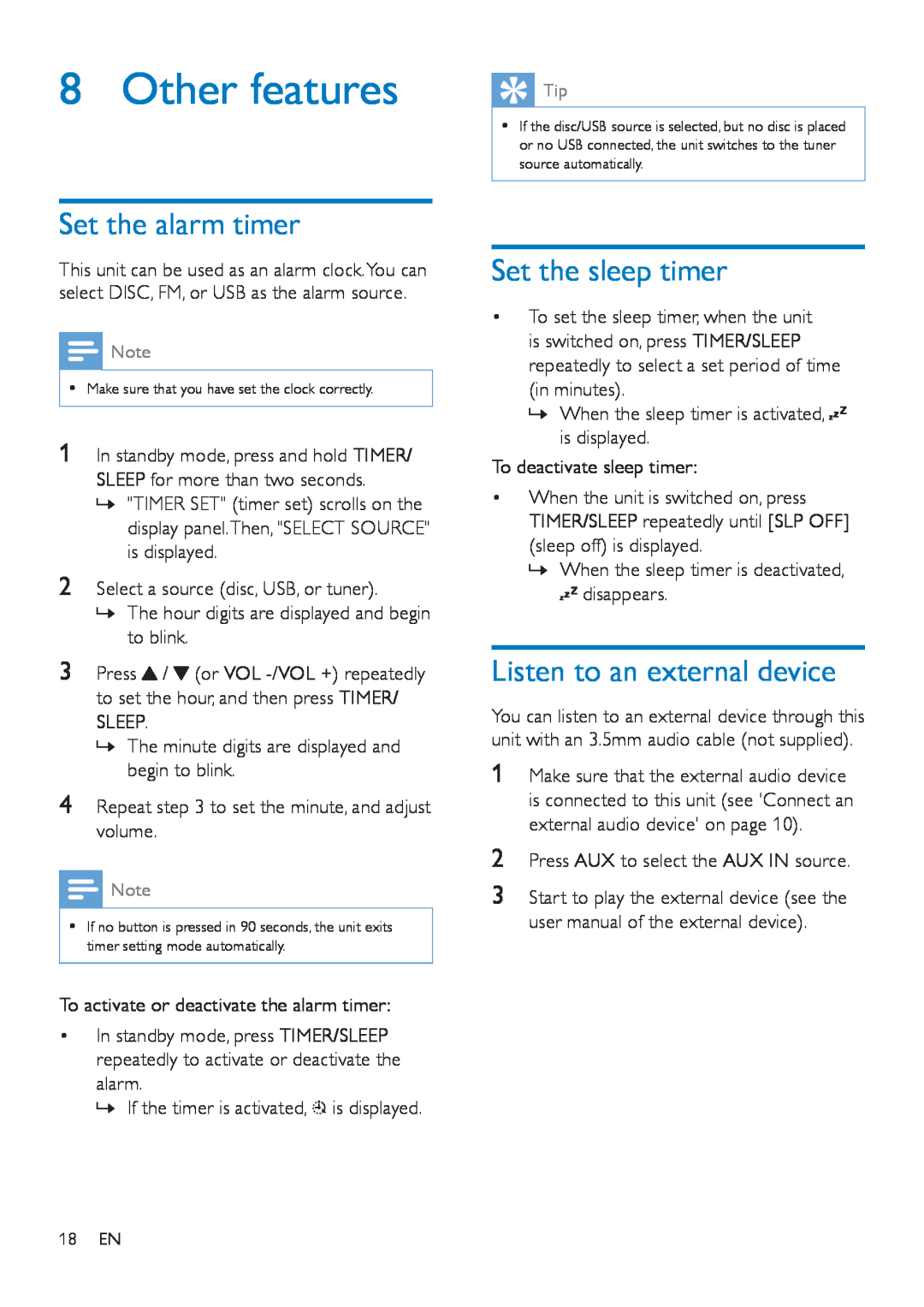 Philips MCD5110 user manual Other features, Set the alarm timer, Set the sleep timer, Listen to an external device 
