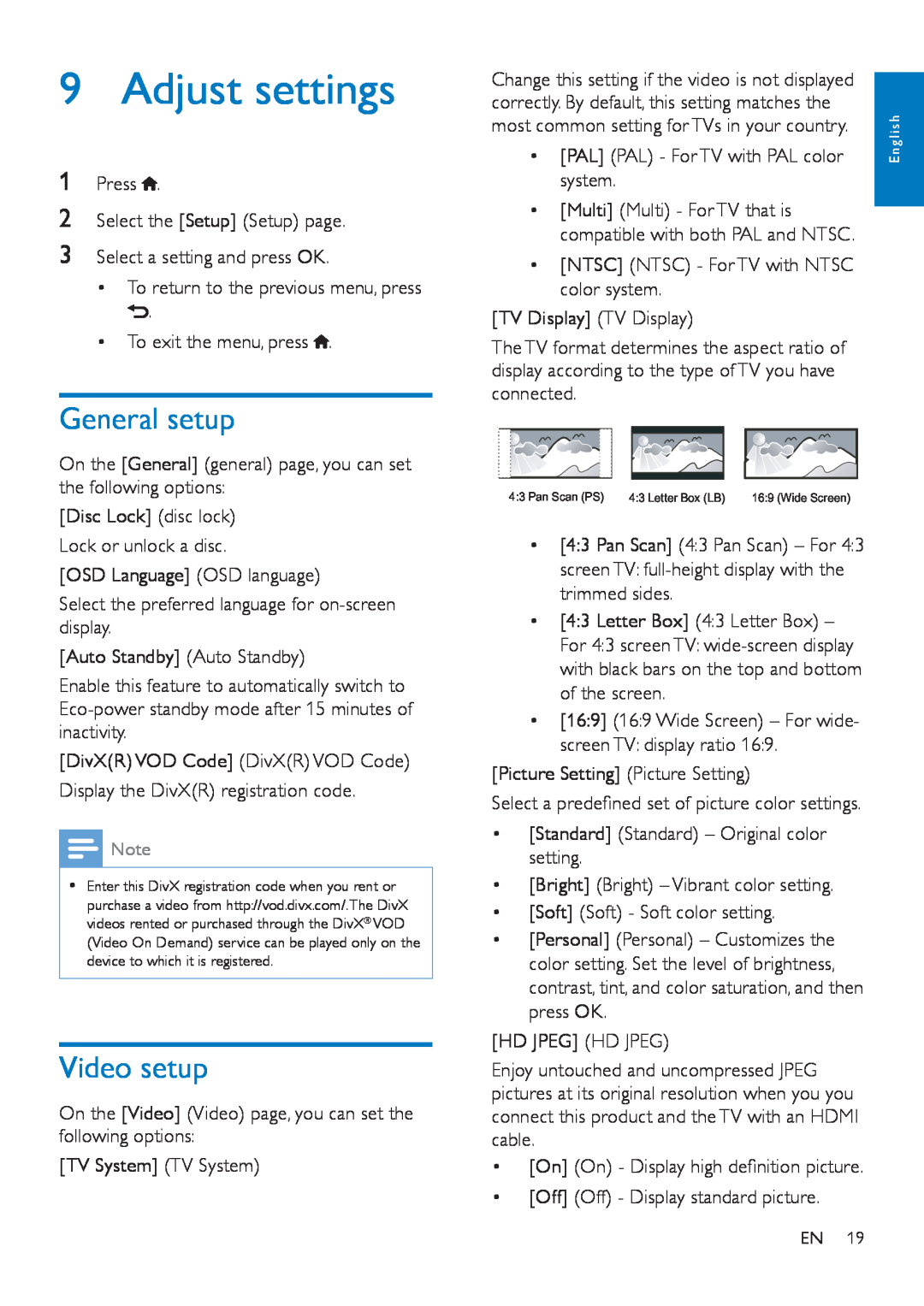 Philips MCD5110 user manual Adjust settings, General setup, Video setup 