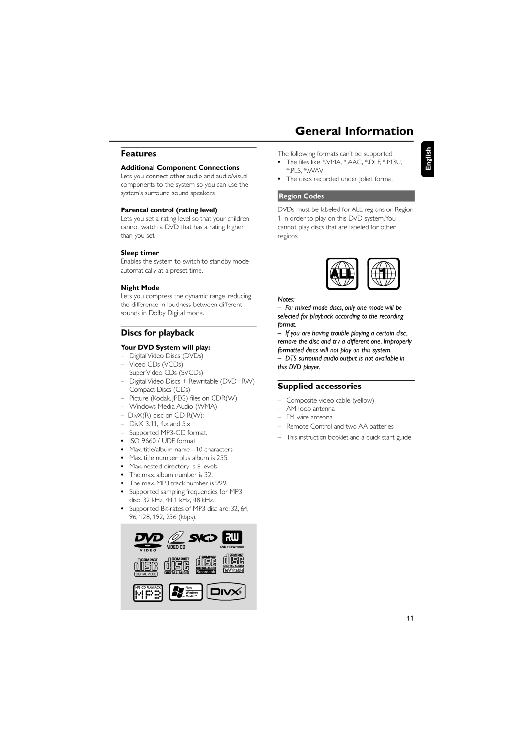 Philips MCD515 owner manual General Information, Features, Discs for playback, Supplied accessories, Region Codes 