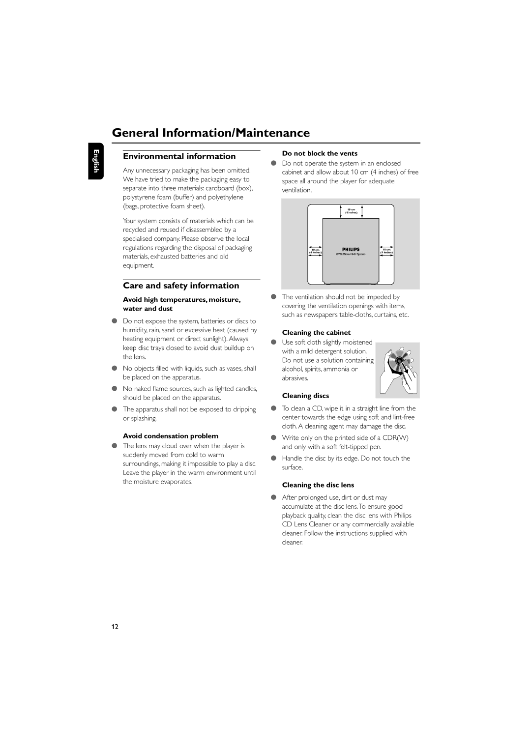 Philips MCD515 owner manual General Information/Maintenance, Environmental information, Care and safety information 