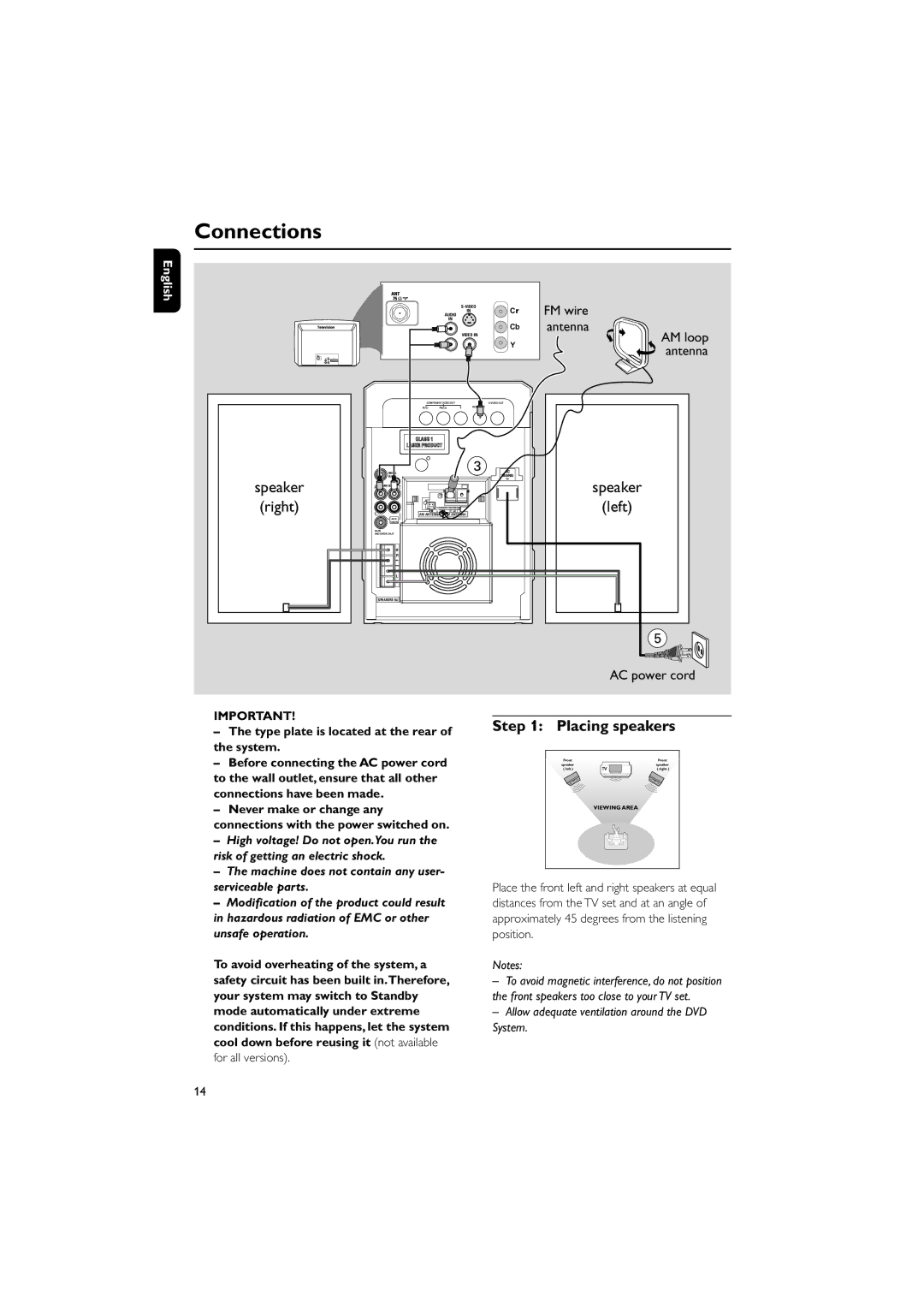 Philips MCD515 owner manual Connections, Right, Left, Placing speakers 