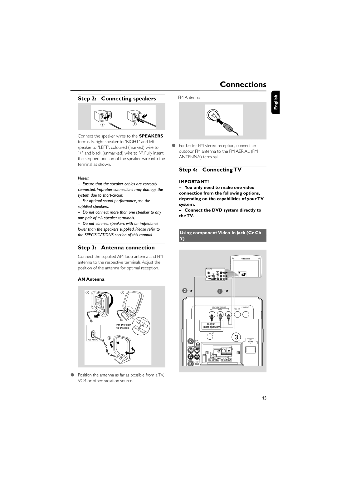 Philips MCD515 Connecting speakers, Connecting TV, Antenna connection, Using component Video In jack Cr Cb English 