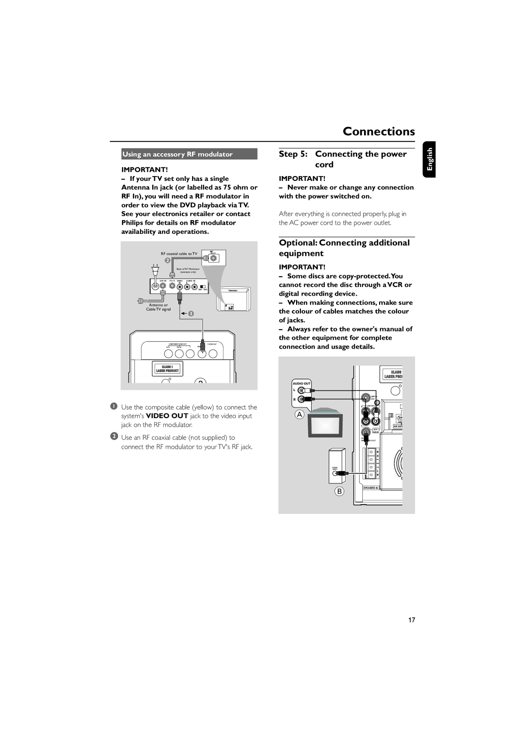 Philips MCD515 Connecting the power cord, Optional Connecting additional equipment, Using an accessory RF modulator 