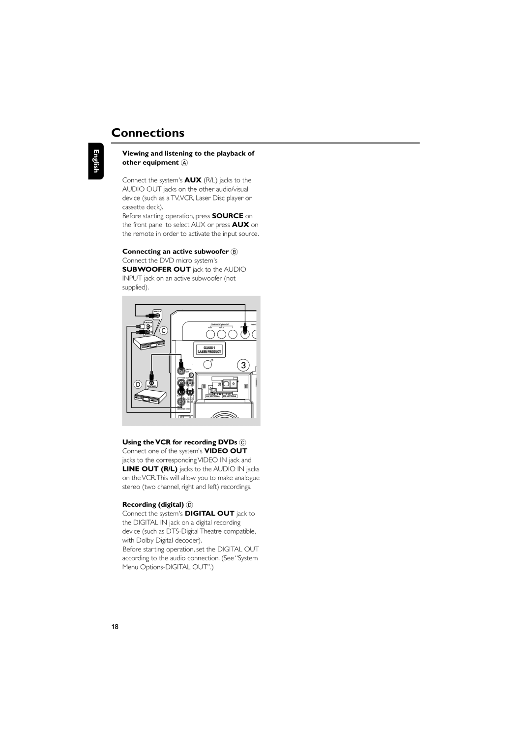 Philips MCD515 owner manual Viewing and listening to the playback of other equipment a, Connecting an active subwoofer B 